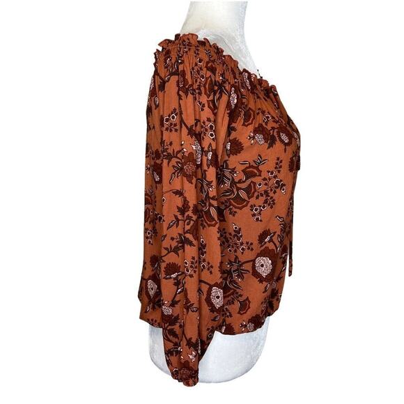 Aura The Label Smocked Off Shoulder Floral Top S Rayon Boho Indie Cottagecore - Picture 4 of 8